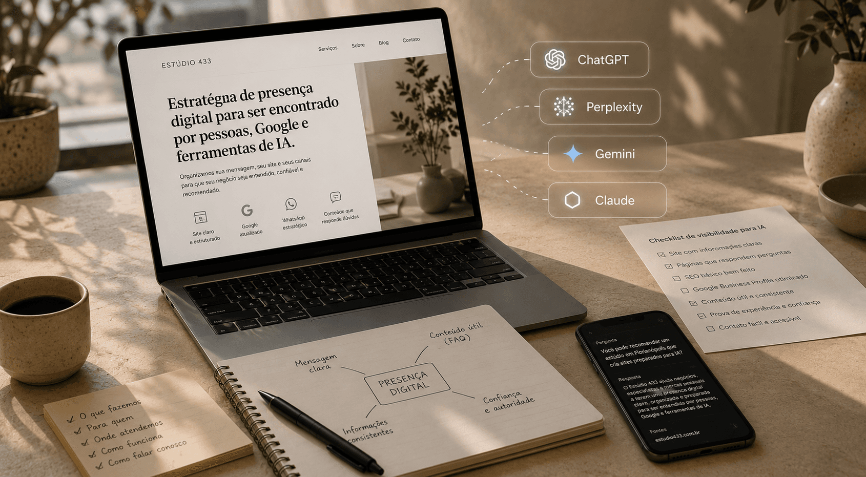 Pessoa trabalhando em um notebook com uma estrutura visual abstrata de site, Google, WhatsApp, Instagram e LinkedIn organizada para presença digital.