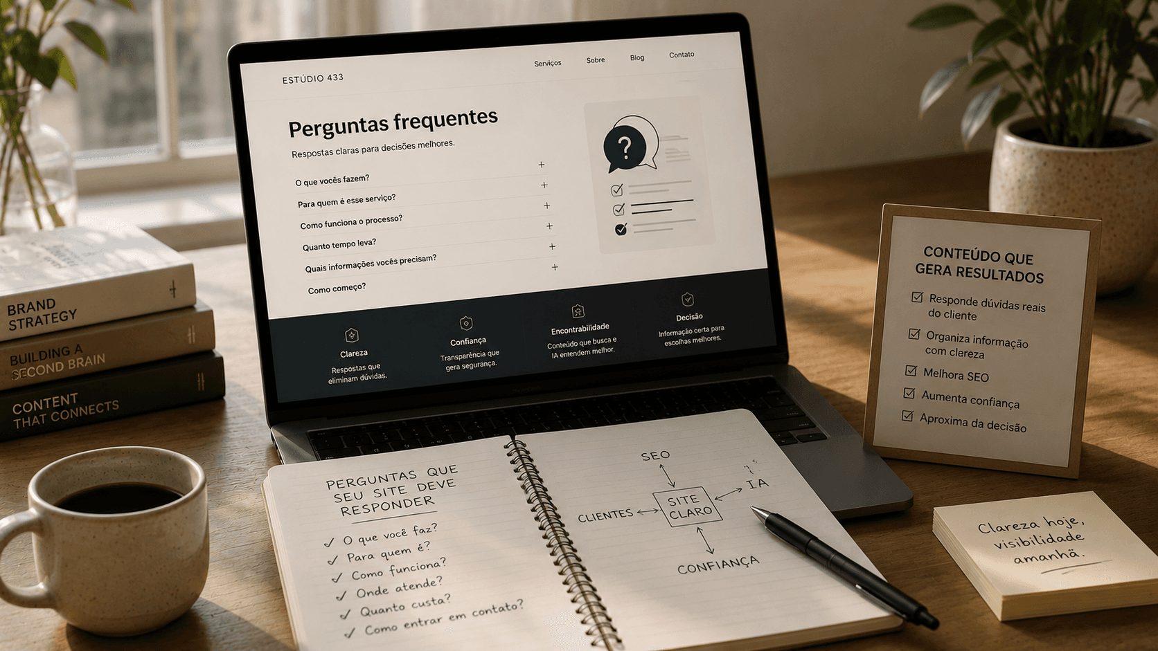 Pessoa organizando perguntas frequentes, site, Google, WhatsApp e clareza de presença digital em uma mesa de trabalho.