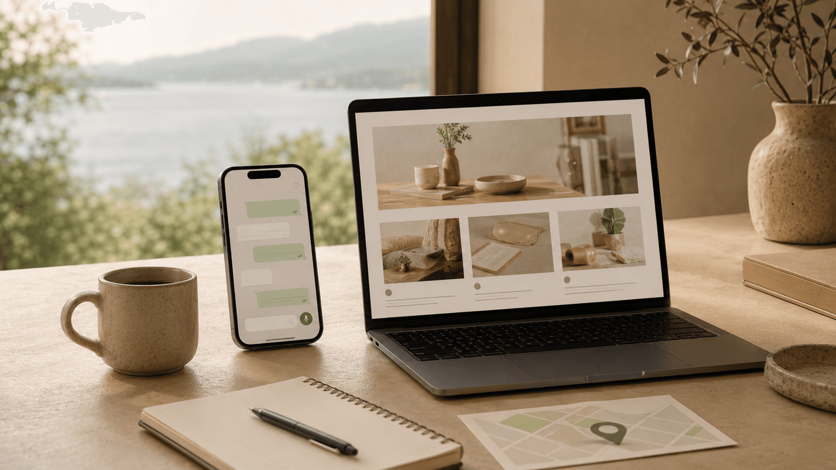 Composição editorial mostrando site, Google e WhatsApp alinhados como base de presença digital para negócios locais.