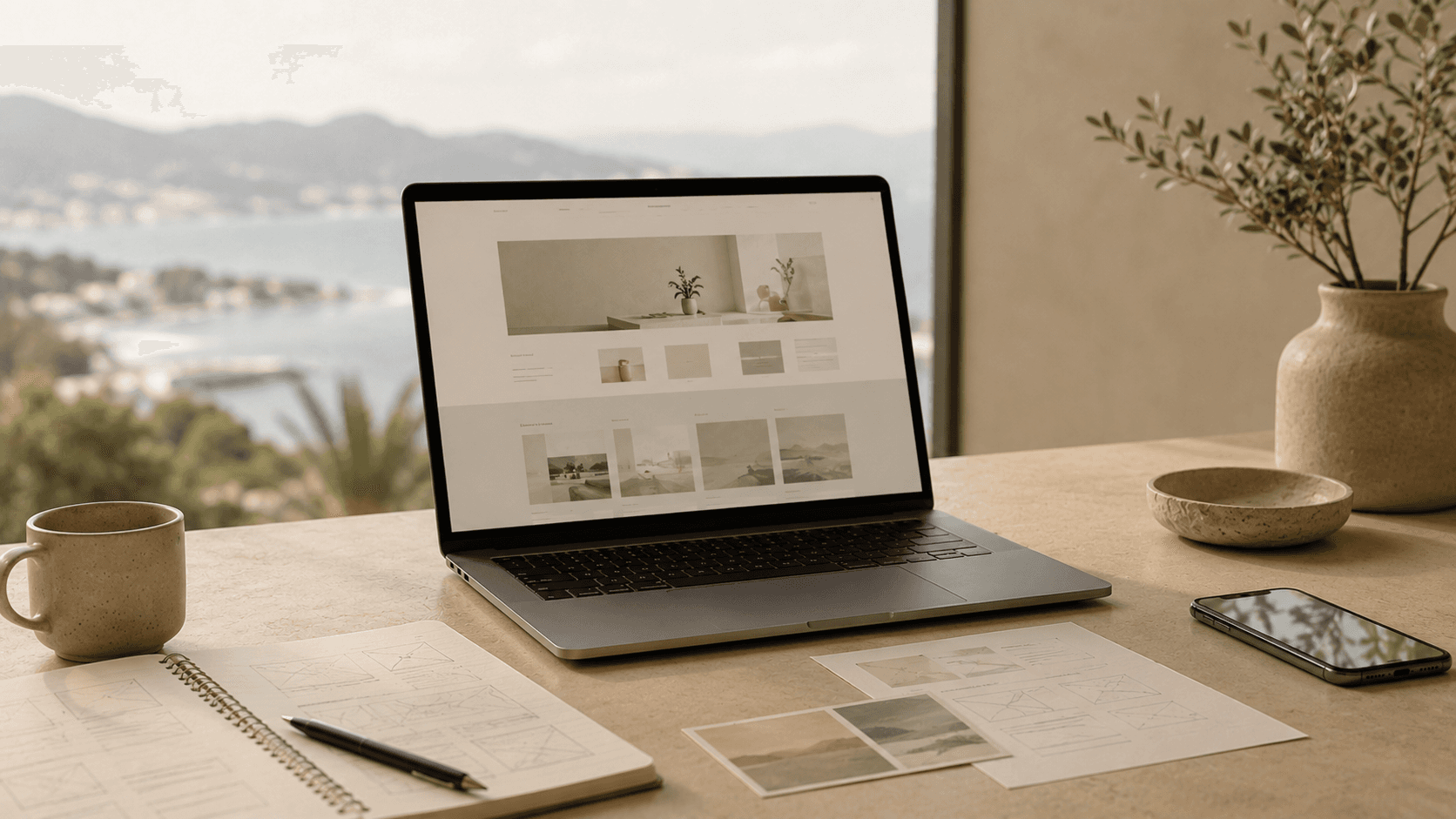 Laptop em uma mesa clara com estrutura de site e informações organizadas como fonte de verdade do negócio.