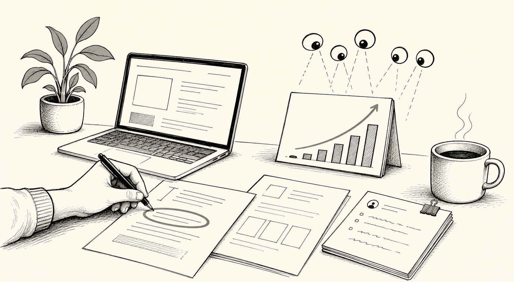Ink illustration of a desk with campaign drafts, a laptop and a rising chart.