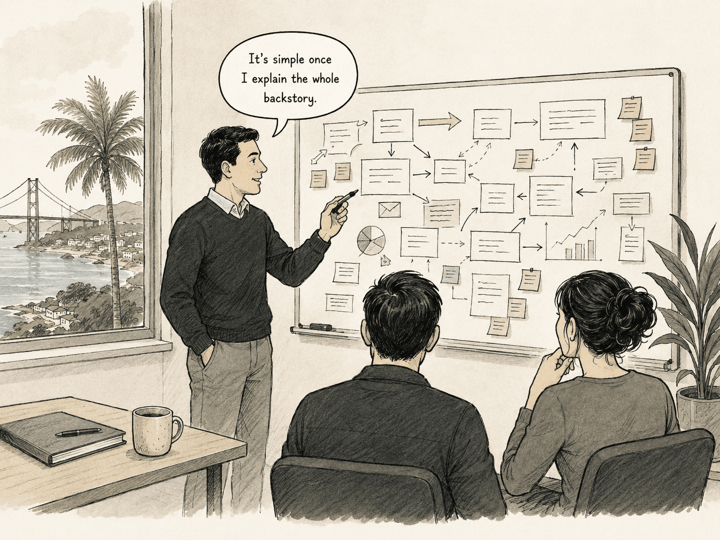Editorial illustration of a strategy discussion beside a whiteboard overlooking the coast.