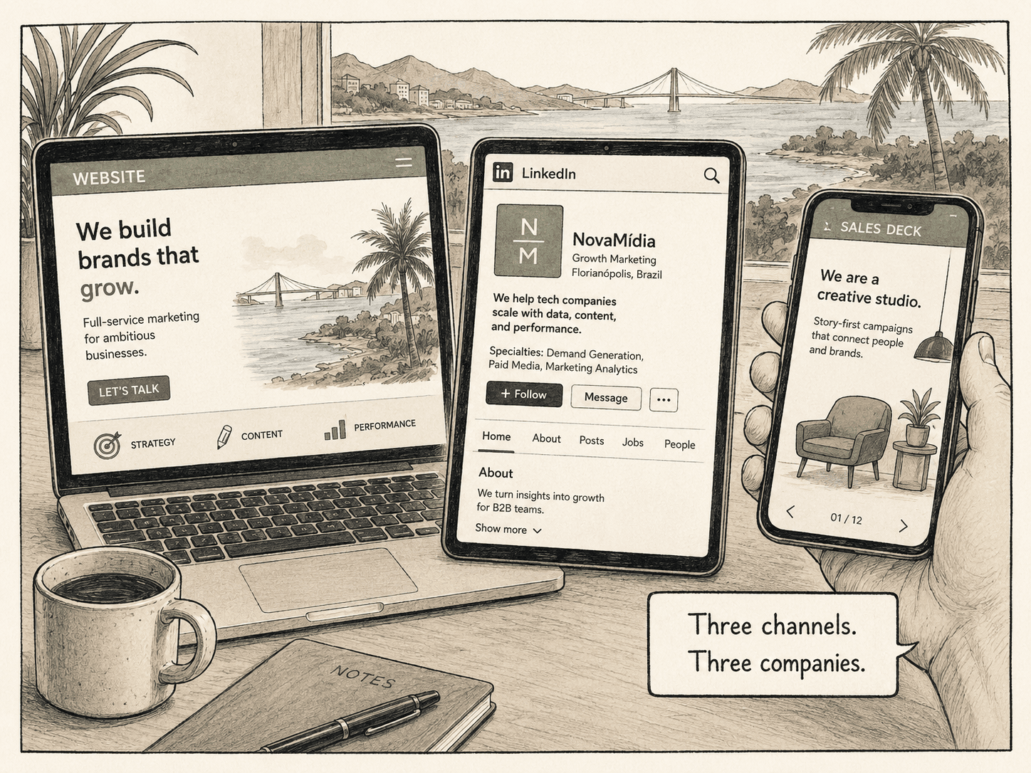 Editorial illustration of three public channels telling three different versions of a company.