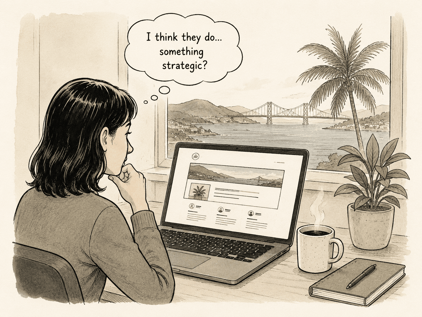 Editorial illustration of a person reviewing unclear website messaging near an office window.