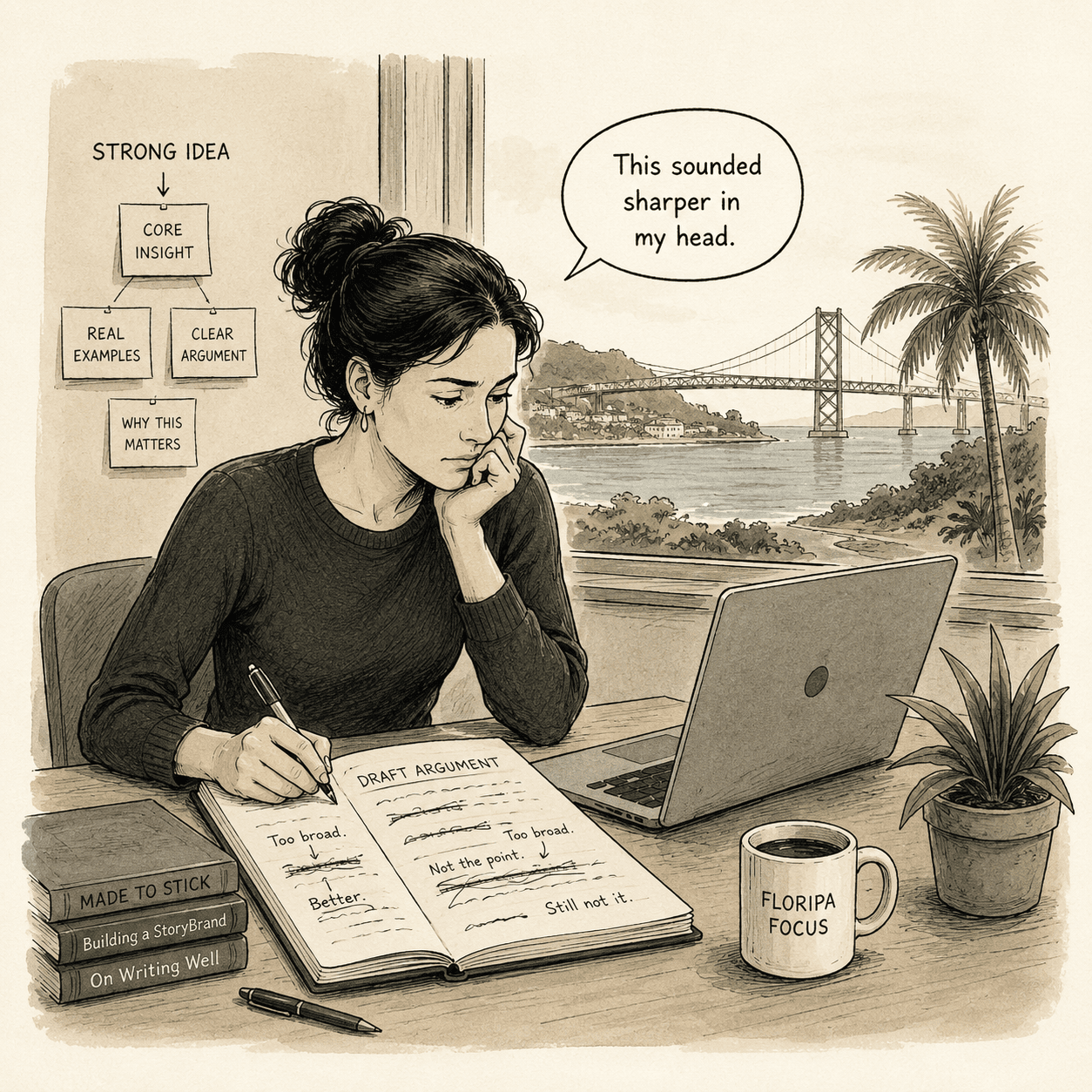 Editorial illustration of a founder or expert reflecting by the water while shaping public ideas.