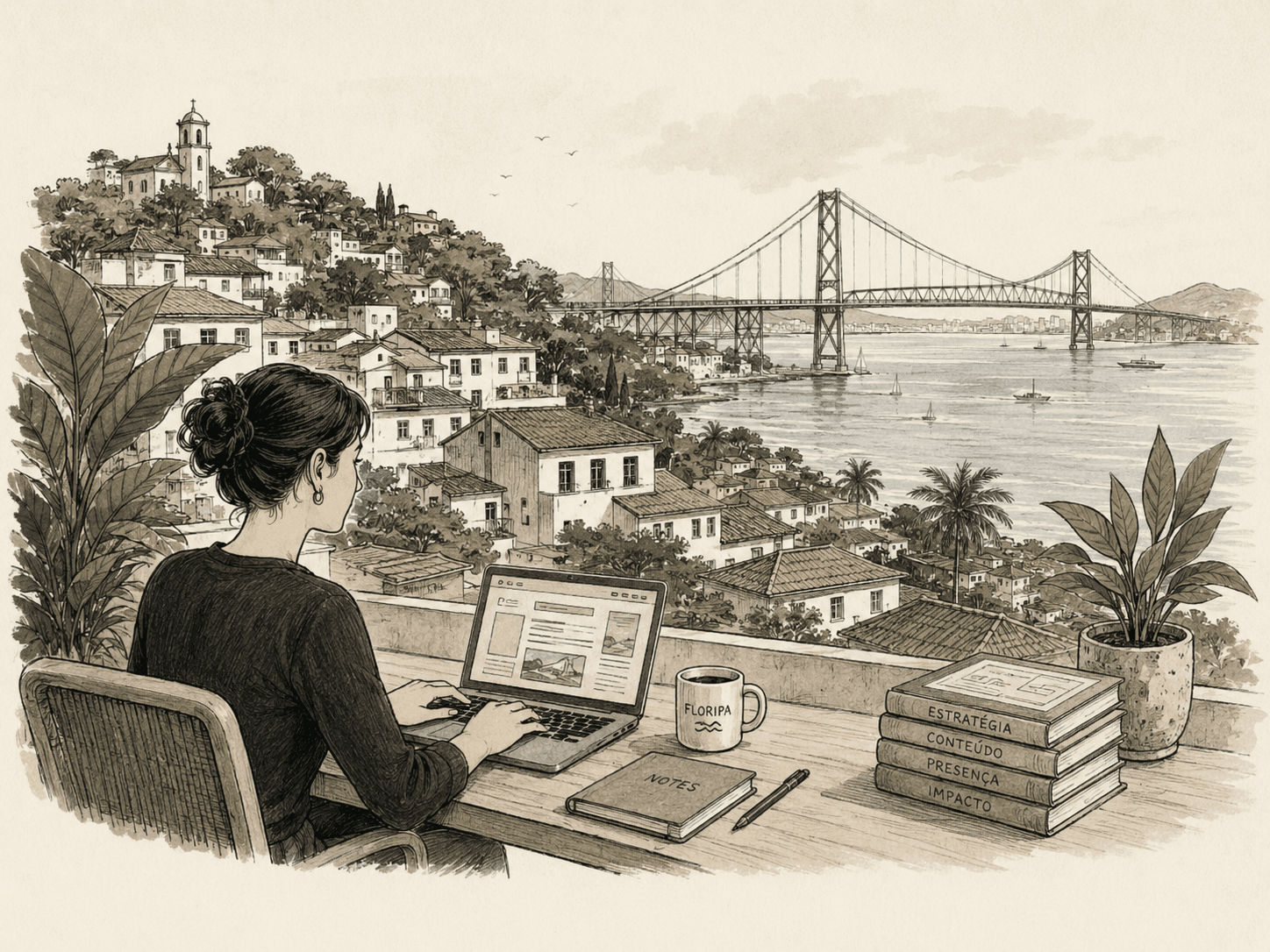 Editorial illustration of a quiet studio workspace in Florianopolis with a view toward the bridge.