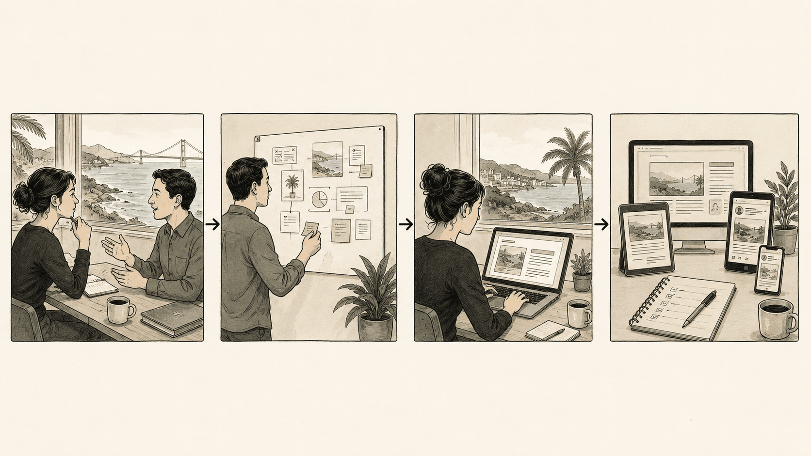 Editorial illustration showing a calm creative workflow for planning, writing and publishing digital presence.