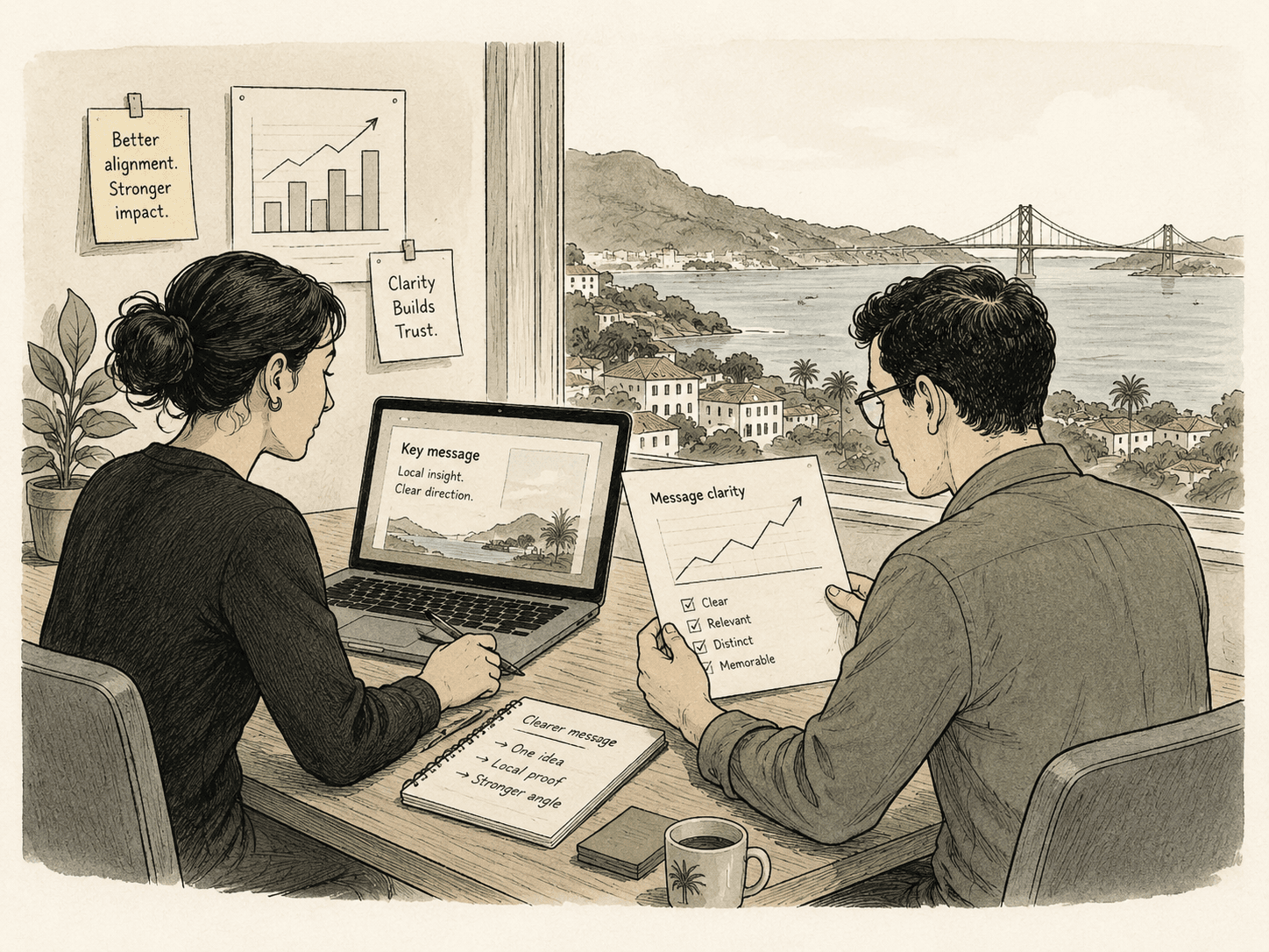 Editorial illustration of a calm professional discussion about clarifying a public message.