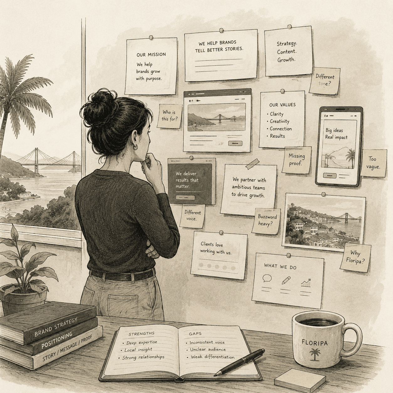 Editorial illustration of a focused strategy review with notes, screens and a coastal view.