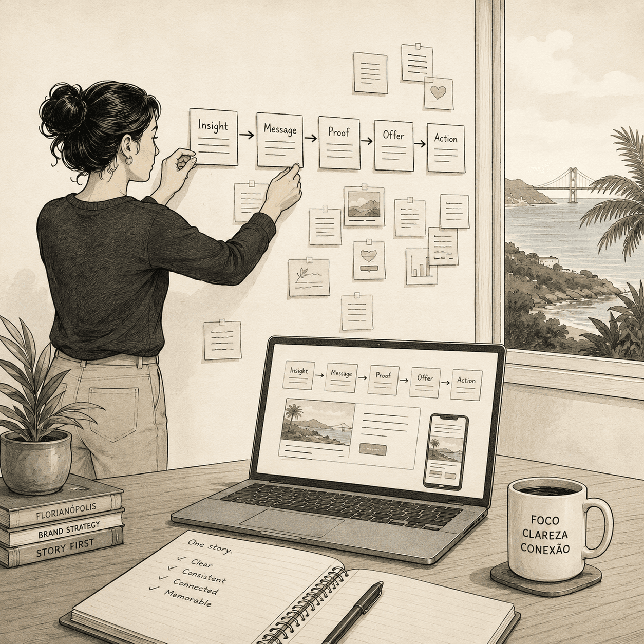 Editorial illustration of ideas being organized into a clearer messaging and digital presence system.